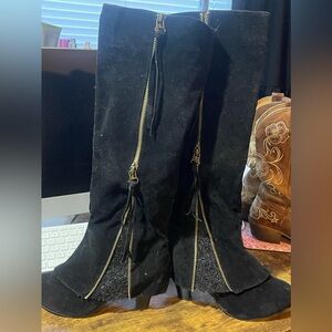Suede and lace tall black boots size 7